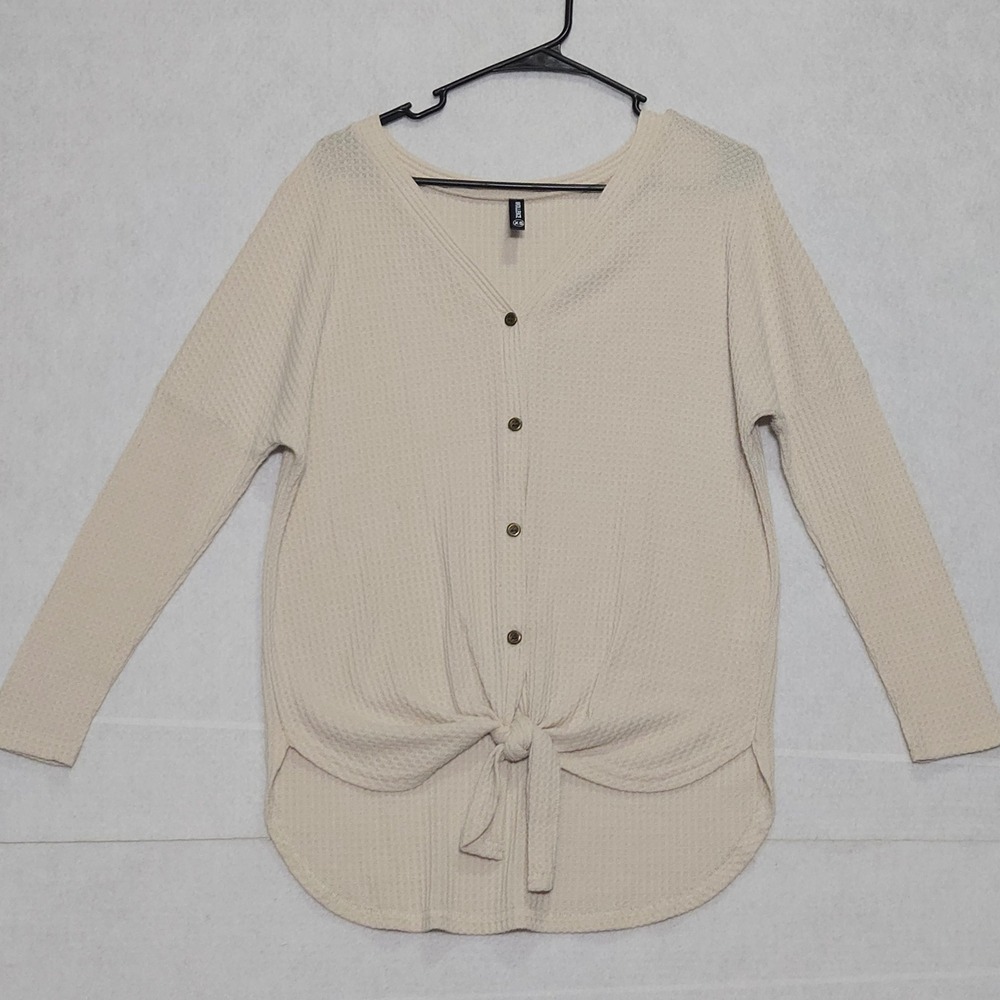 Iwollence Waffle Knit Button Front Tie Front V Neck Long Sleeve Top XS Beige 22"